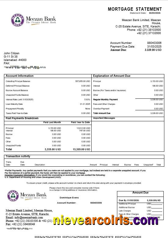 Pakistan Meezan mortgage statement